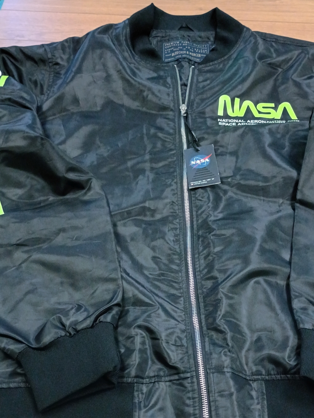 NASA Men’s Black Bomber Jacket with Neon Green Logo